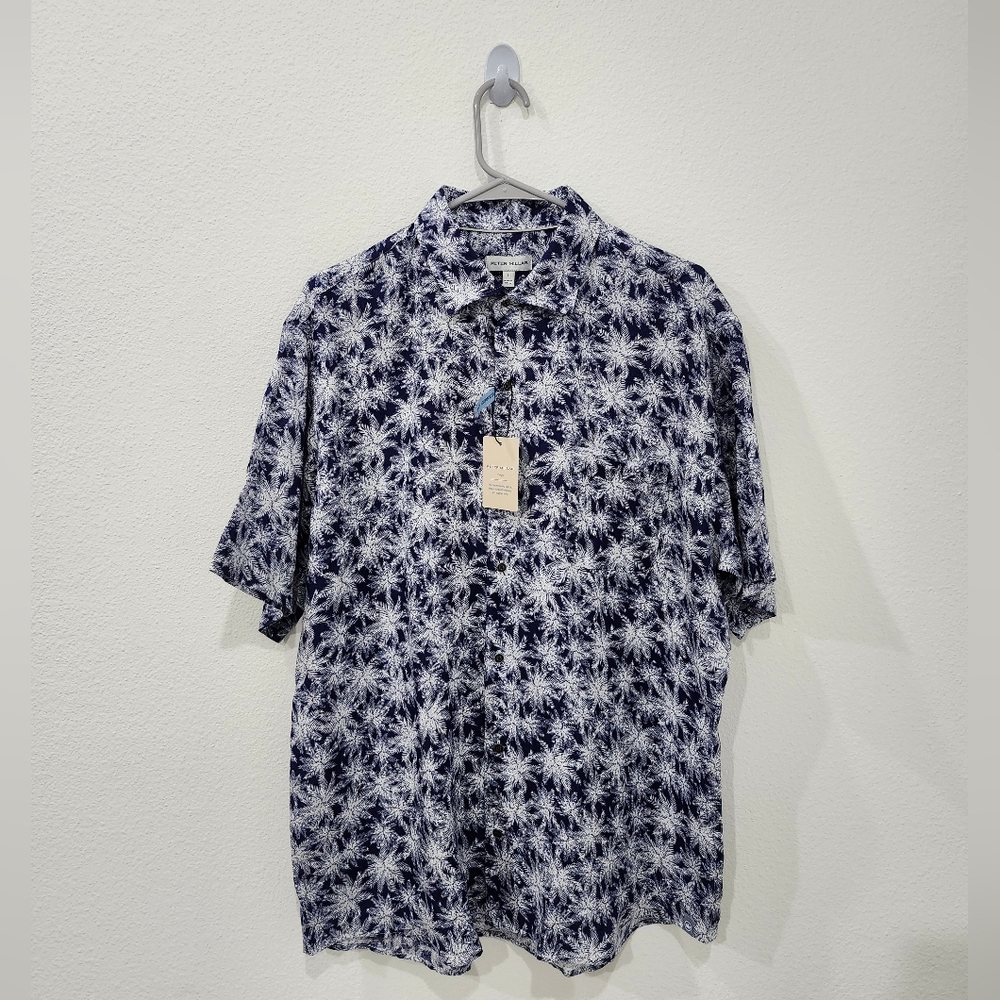 Peter Millar Key Cove Atlantic Navy Linen Sport S/S Button Shirt Men’s Size L NW